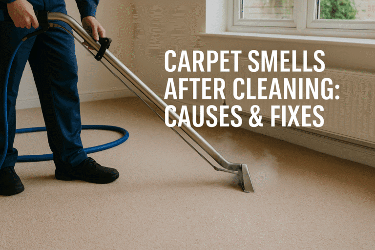 Professional carpet cleaner in Bedford explaining why carpets smell after cleaning and how to fix it
