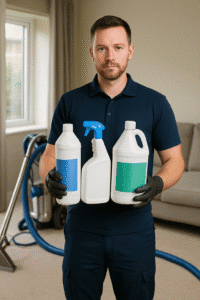 Purge Bright technician holding eco-friendly carpet cleaning products in Bedford home