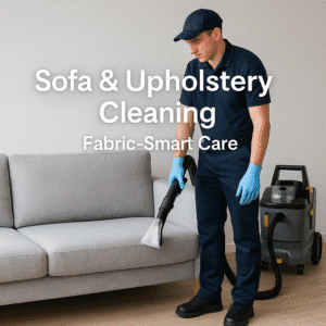 Purge Bright technician performing professional sofa and upholstery cleaning in Bedford